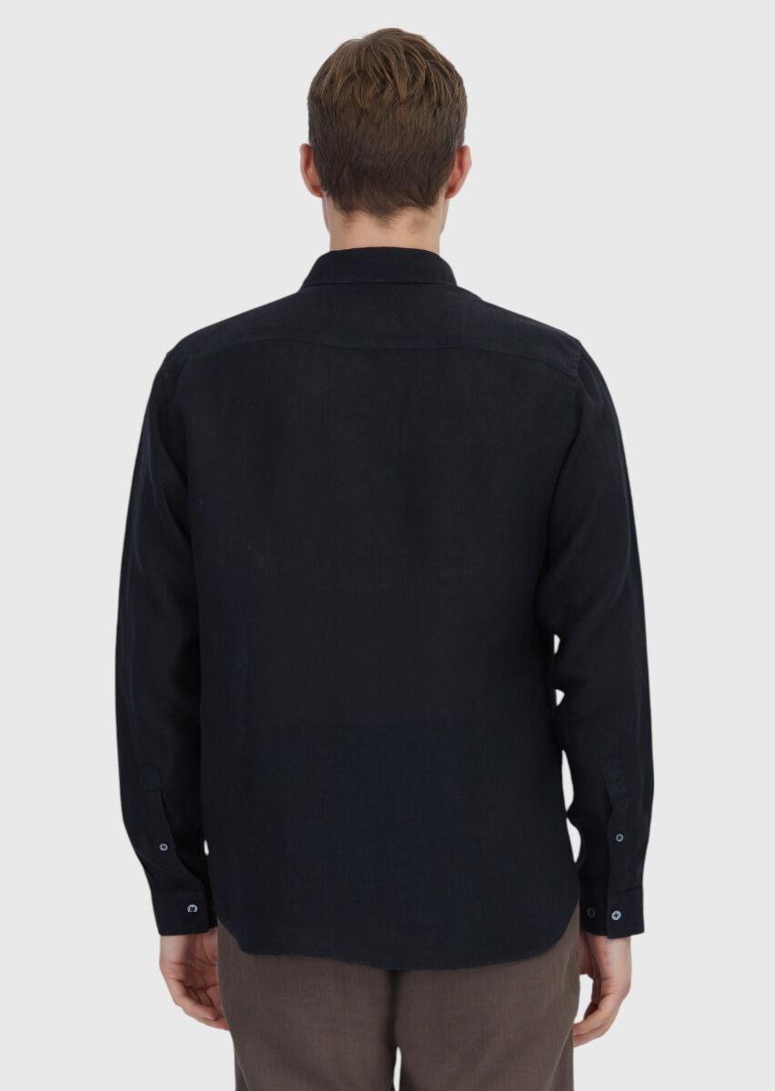 Siyah Düz Casual Fit Dokuma Casual %100 Keten Gömlek - 5