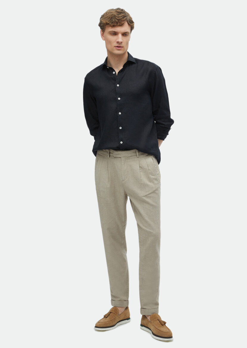 Siyah Düz Casual Fit Dokuma Casual %100 Keten Gömlek - RAMSEY