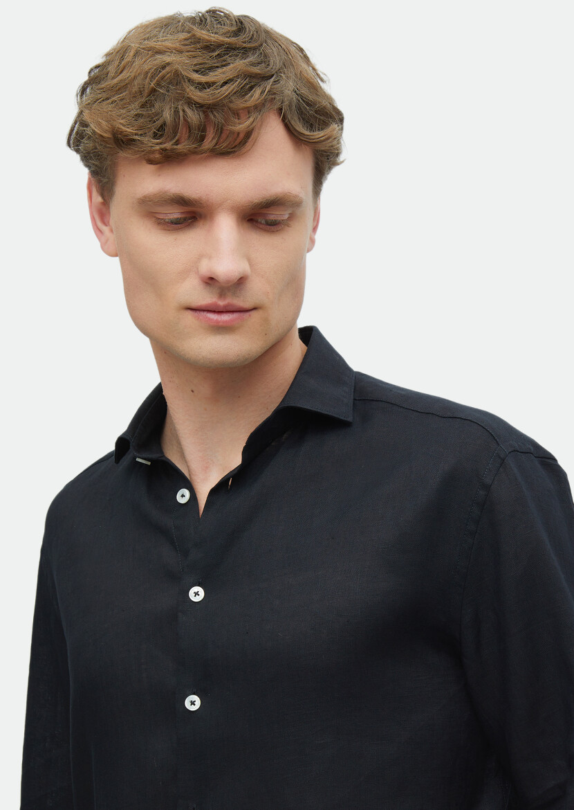 Siyah Düz Casual Fit Dokuma Casual %100 Keten Gömlek - 3