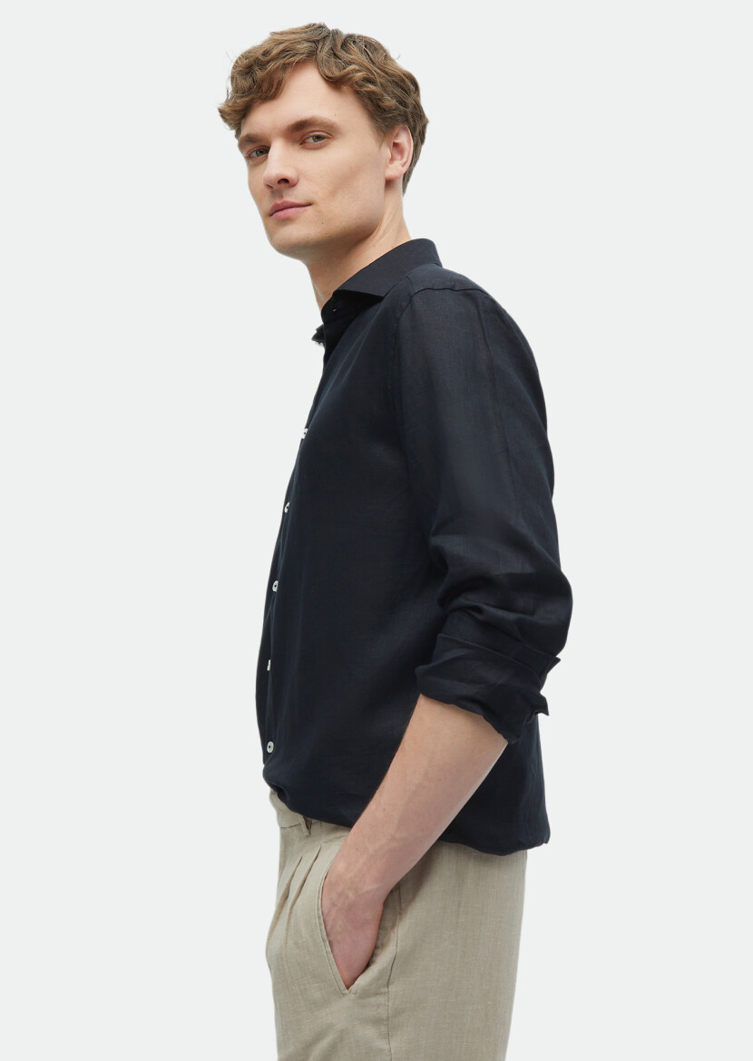 Siyah Düz Casual Fit Dokuma Casual %100 Keten Gömlek - 4