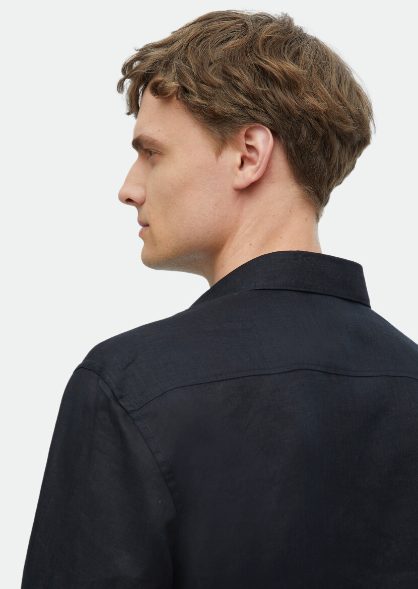 Siyah Düz Casual Fit Dokuma Casual %100 Keten Gömlek - 5
