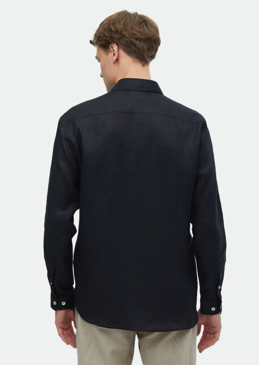 Siyah Düz Casual Fit Dokuma Casual %100 Keten Gömlek - 6