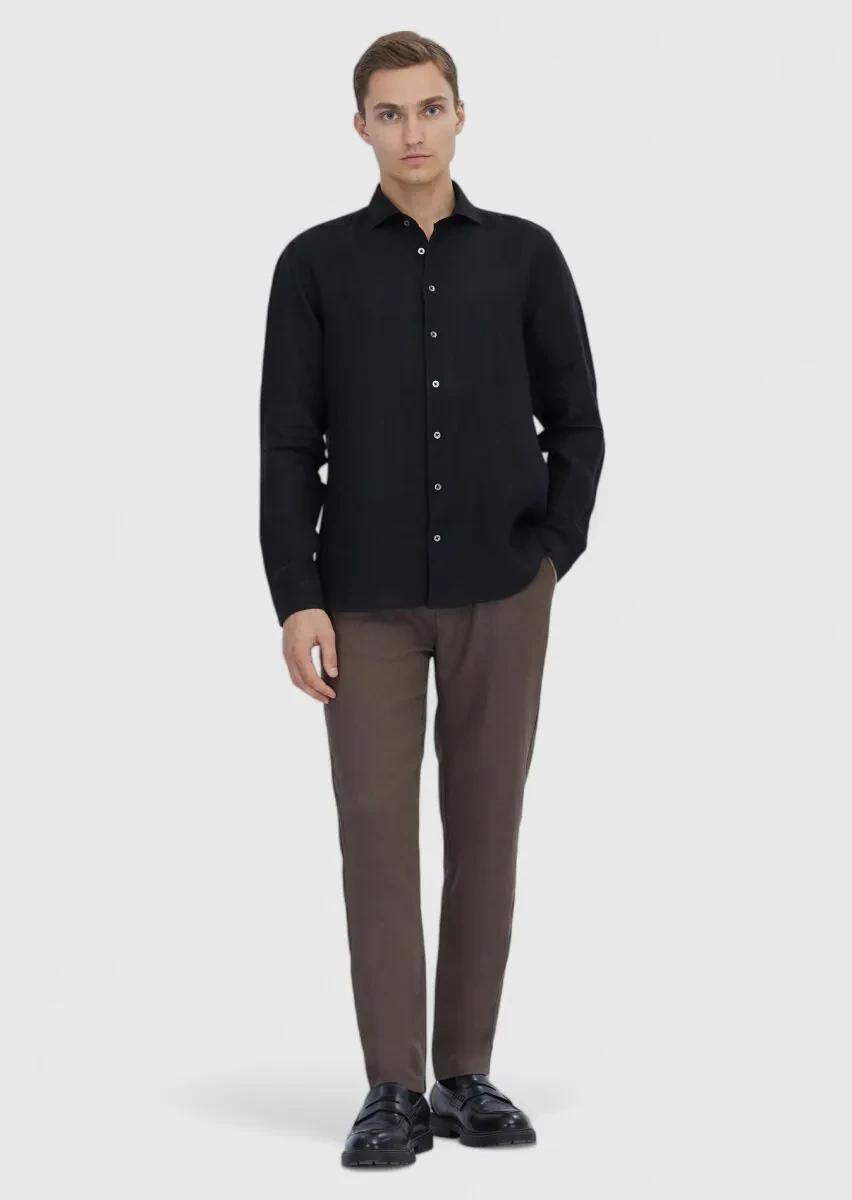 Siyah Düz Casual Fit Dokuma Casual %100 Keten Gömlek - 2