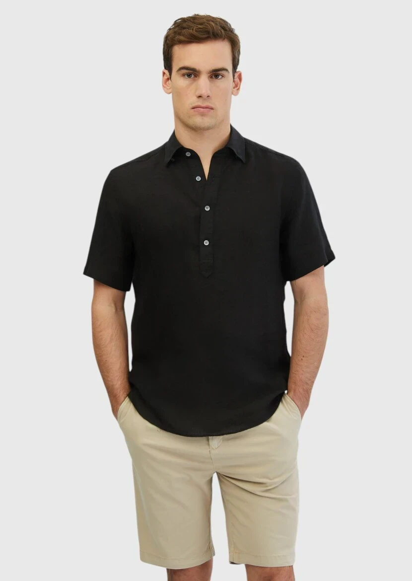 Siyah Düz Casual Fit Dokuma Casual %100 Keten Gömlek - 1