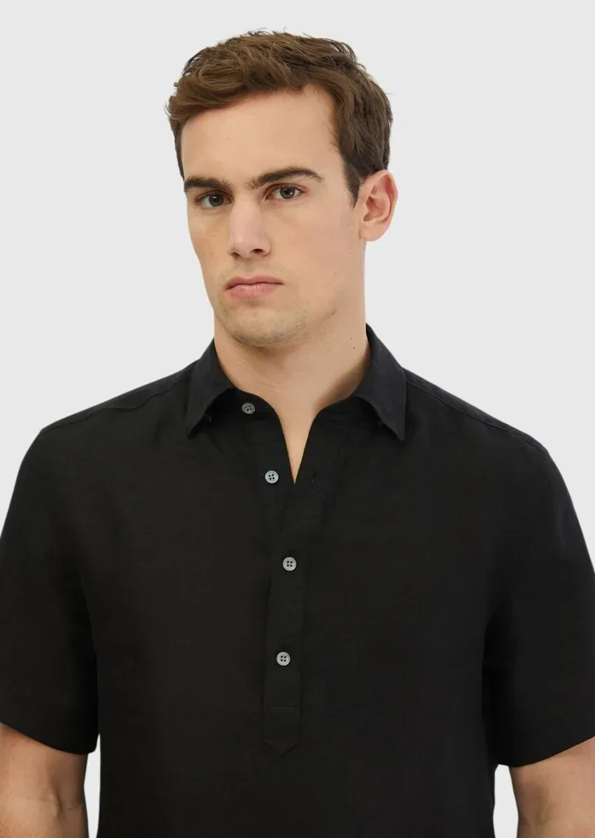 Siyah Düz Casual Fit Dokuma Casual %100 Keten Gömlek - 3