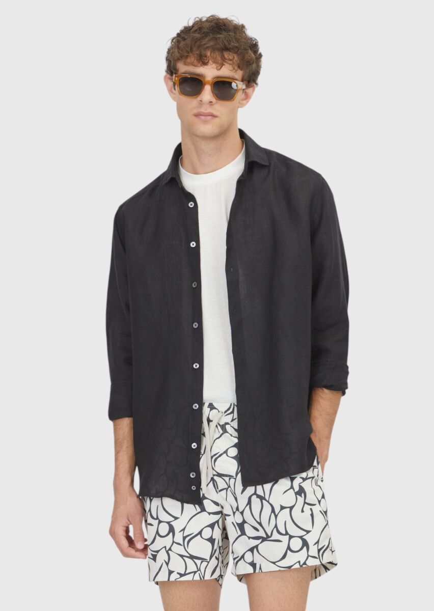 Siyah Düz Casual Fit Dokuma Casual %100 Keten Gömlek - 1