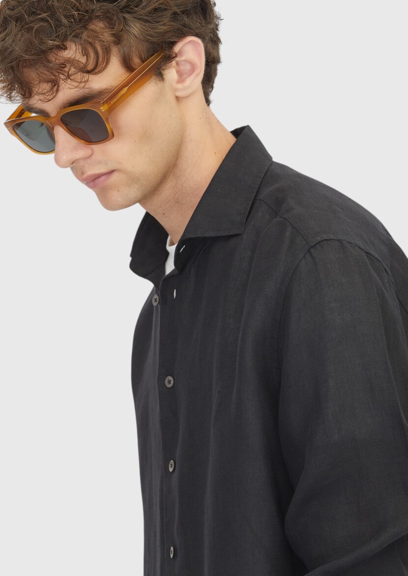 Siyah Düz Casual Fit Dokuma Casual %100 Keten Gömlek - 5