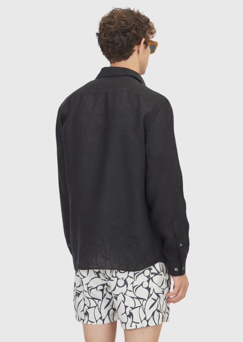 Siyah Düz Casual Fit Dokuma Casual %100 Keten Gömlek - 6