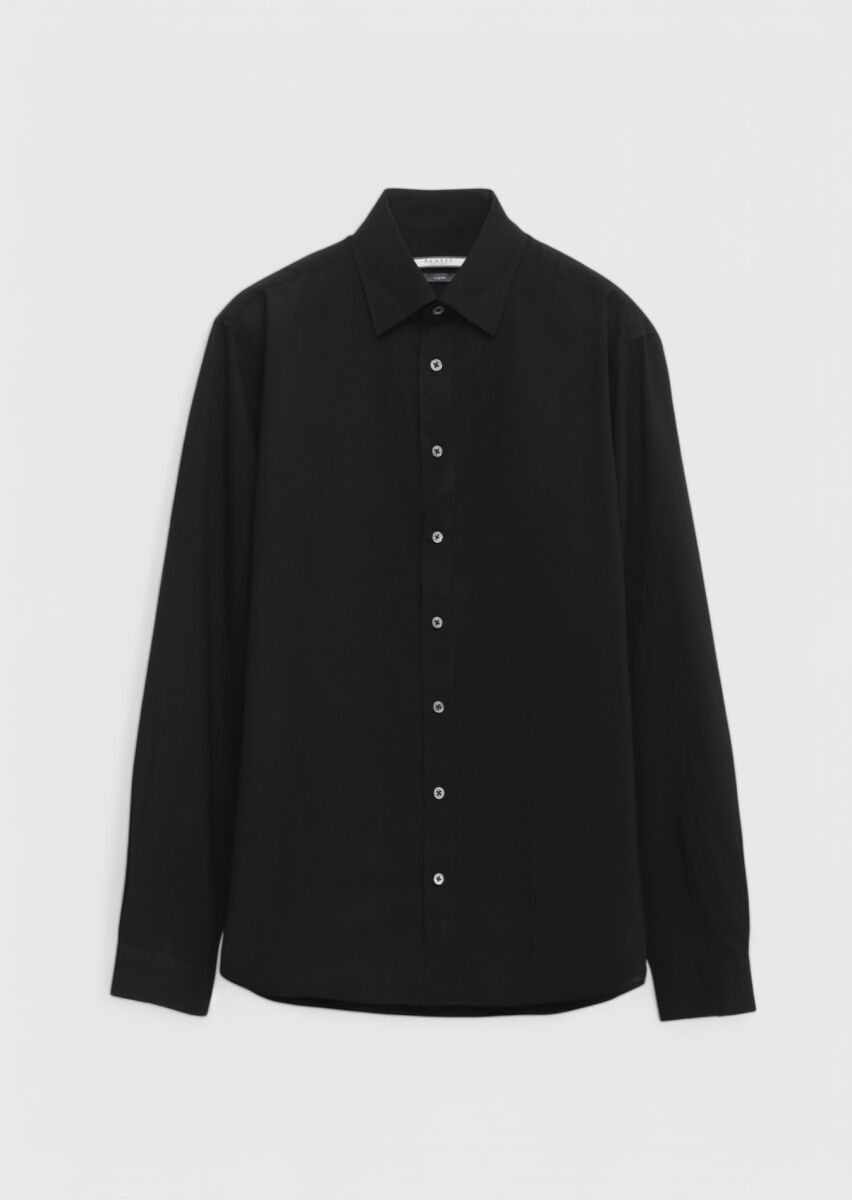 Siyah Düz Casual Fit Dokuma Casual %100 Pamuk Gömlek - 4