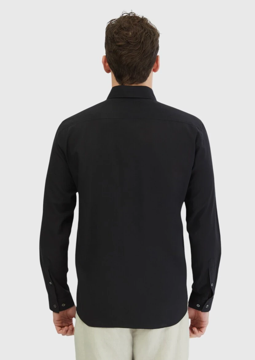 Siyah Düz Casual Fit Dokuma Casual %100 Pamuk Gömlek 