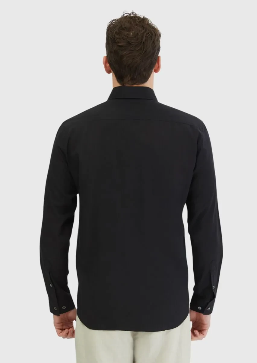 Siyah Düz Casual Fit Dokuma Casual %100 Pamuk Gömlek - 2