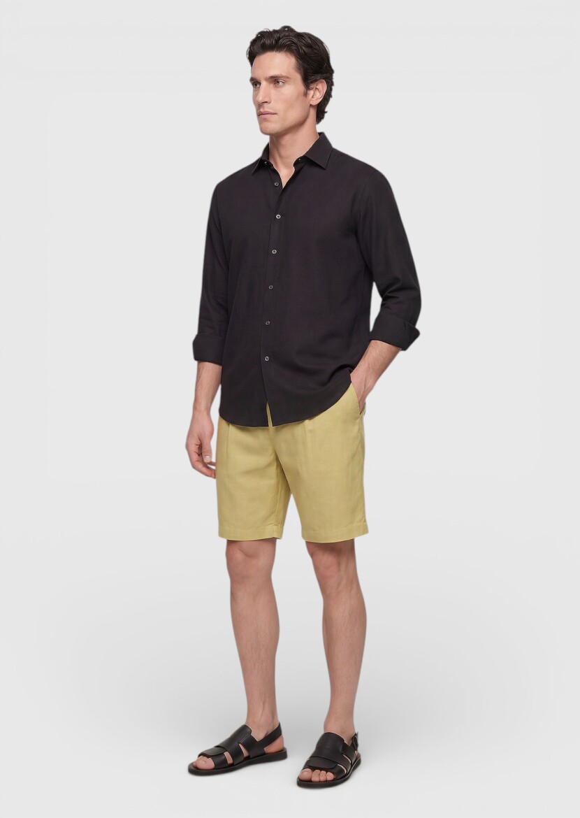 Siyah Düz Casual Fit Dokuma Casual %100 Pamuk Gömlek - 4