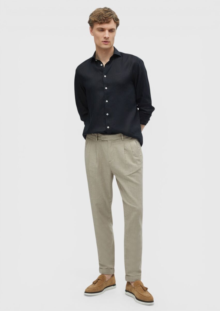 Siyah Düz Casual Fit Uzun Dokuma Casual %100 Keten Gömlek - 2