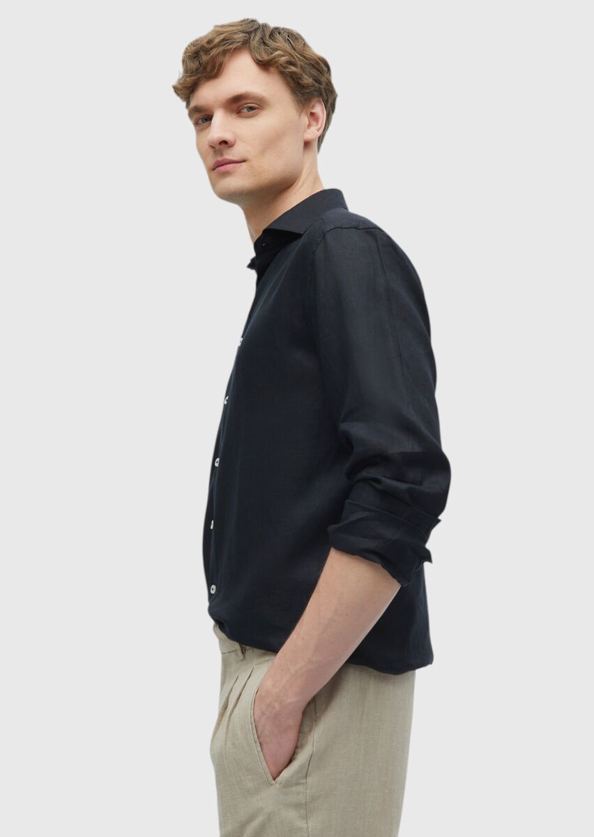 Siyah Düz Casual Fit Uzun Dokuma Casual %100 Keten Gömlek - 4
