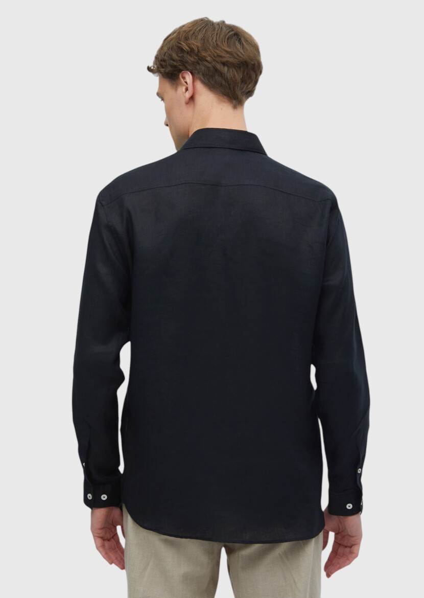 Siyah Düz Casual Fit Uzun Dokuma Casual %100 Keten Gömlek - 6