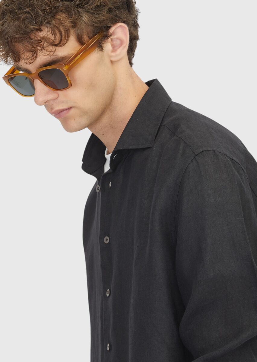 Siyah Düz Casual Fit Uzun Dokuma Casual %100 Keten Gömlek - 5