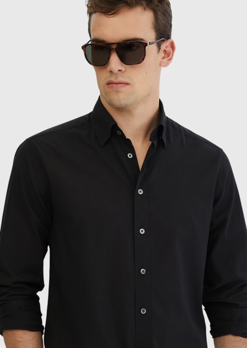 Siyah Düz Casual Fit Uzun Dokuma Casual %100 Pamuk Gömlek - 3