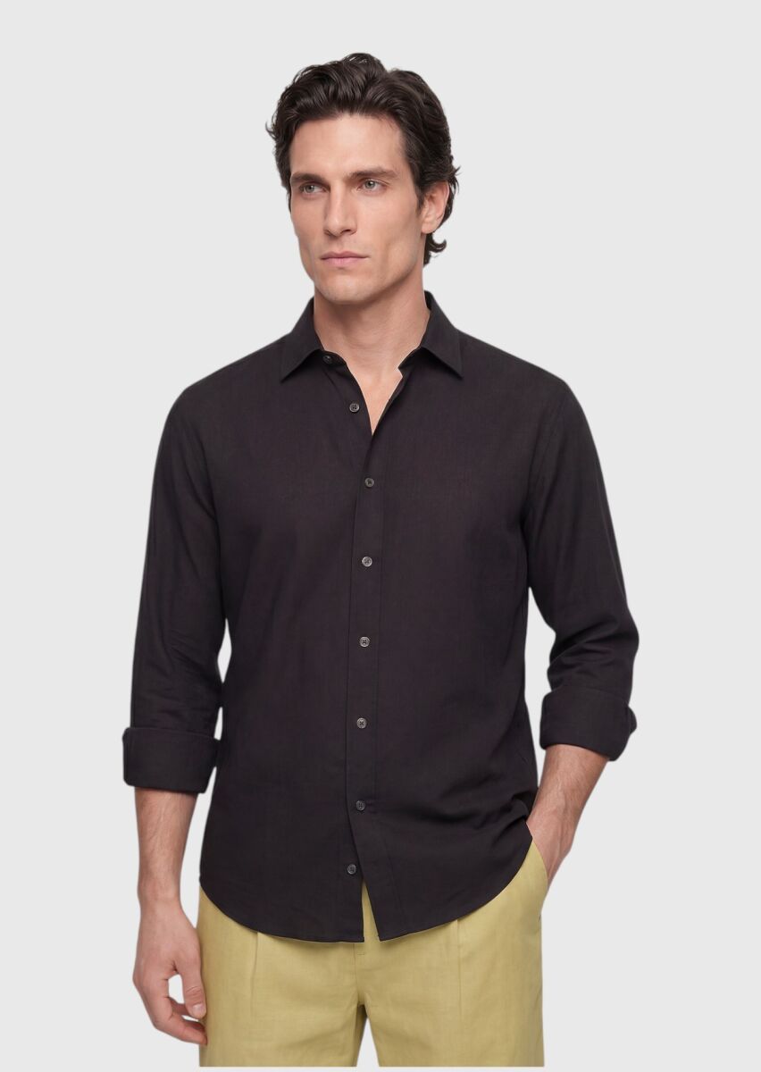 Siyah Düz Casual Fit Uzun Dokuma Casual %100 Pamuk Gömlek - 1
