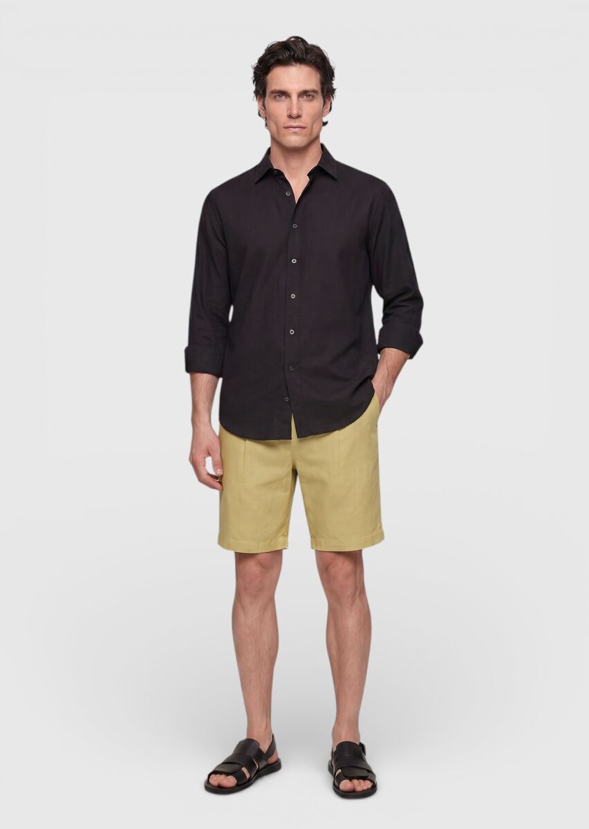 Siyah Düz Casual Fit Uzun Dokuma Casual %100 Pamuk Gömlek - 2