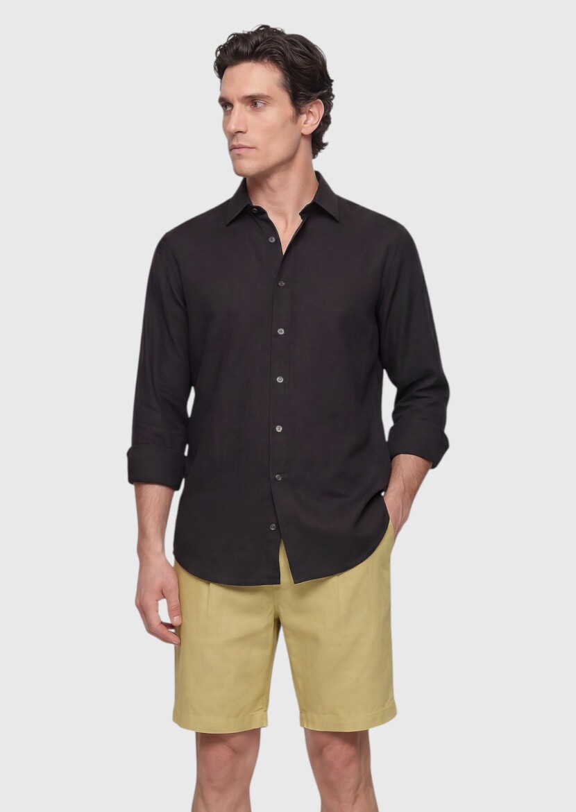 Siyah Düz Casual Fit Uzun Dokuma Casual %100 Pamuk Gömlek - 3