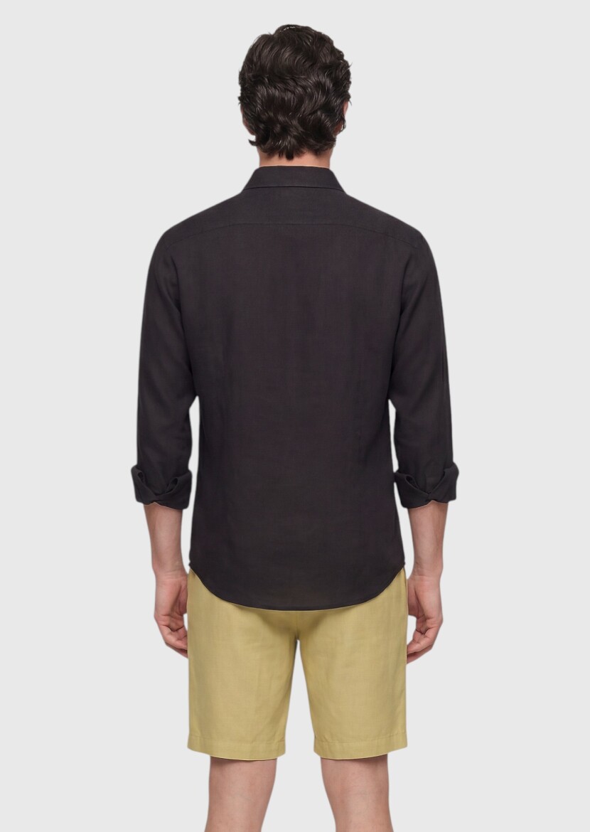 Siyah Düz Casual Fit Uzun Dokuma Casual %100 Pamuk Gömlek - 5