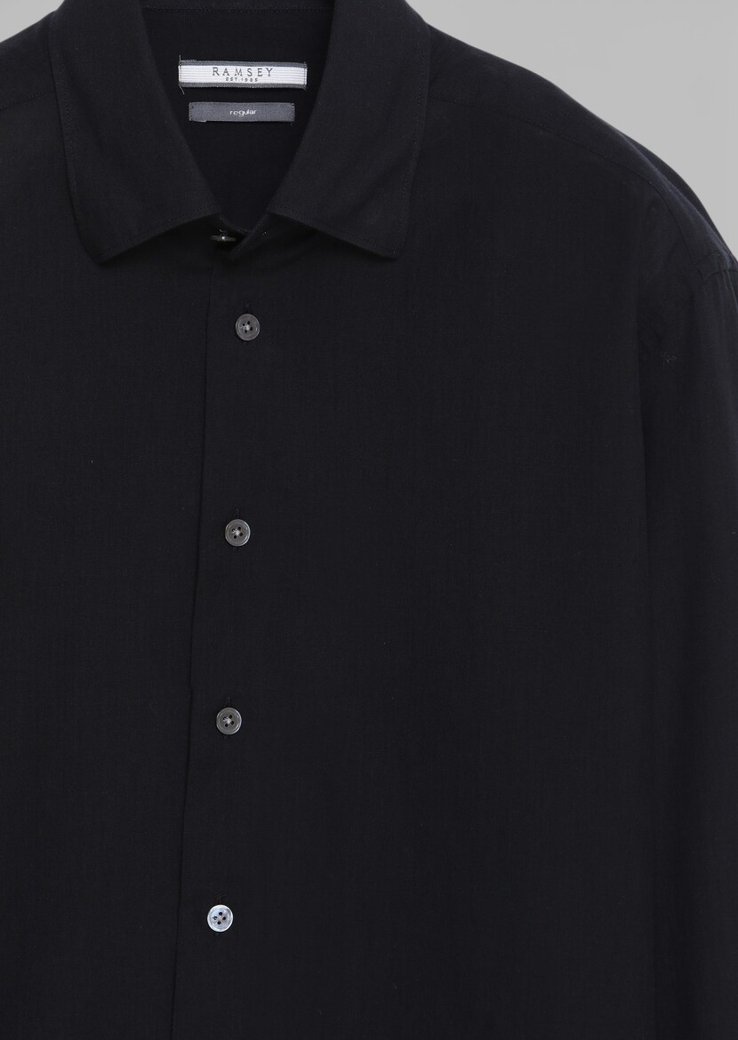 Siyah Düz Casual Fit Uzun Dokuma Casual %100 Pamuk Gömlek - 7