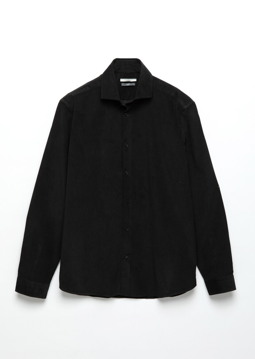 Siyah Düz Casual Fit Uzun Dokuma Kadife Casual %100 Pamuk Gömlek - 7