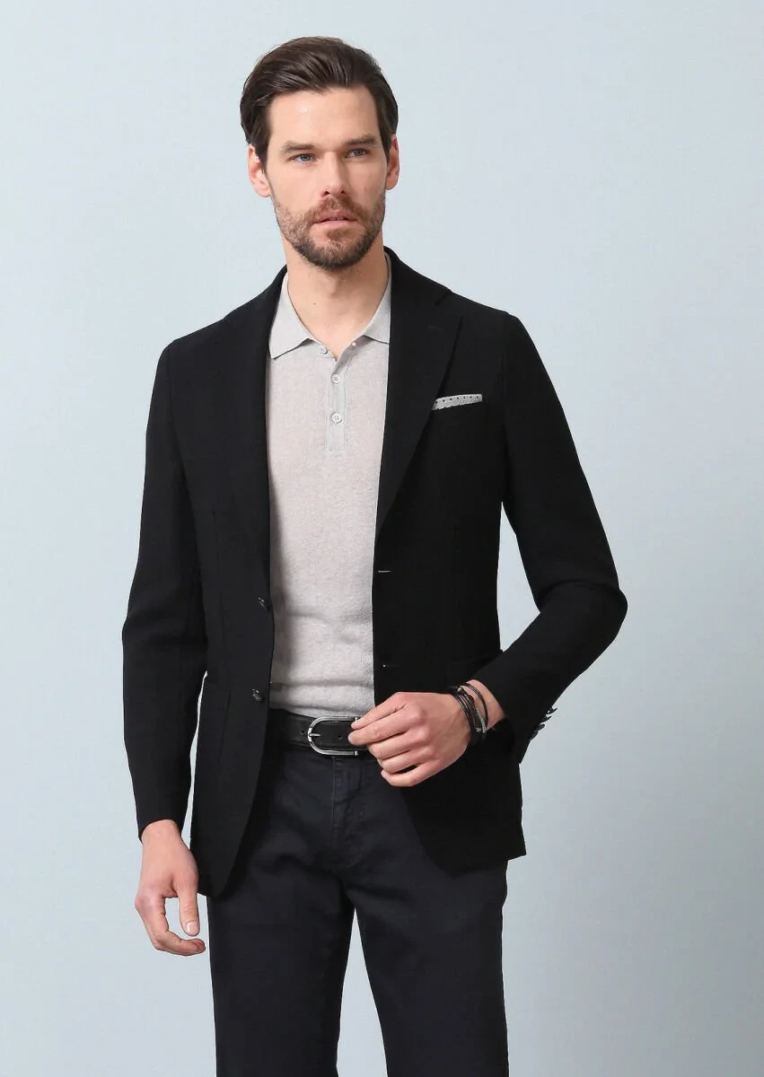 Siyah Düz Comfort Fit %100 Yün Ceket - 2