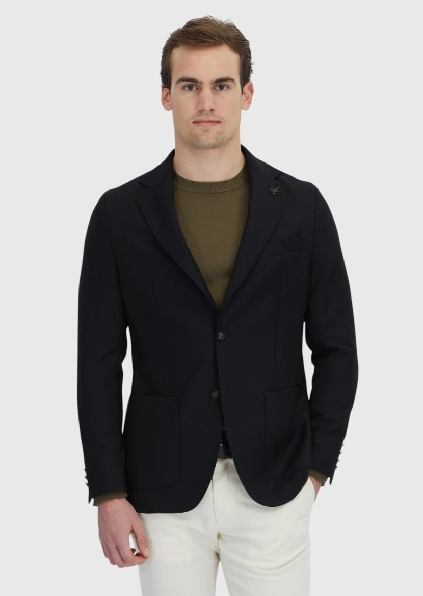 Siyah Düz Comfort Fit %100 Yün Ceket - 1