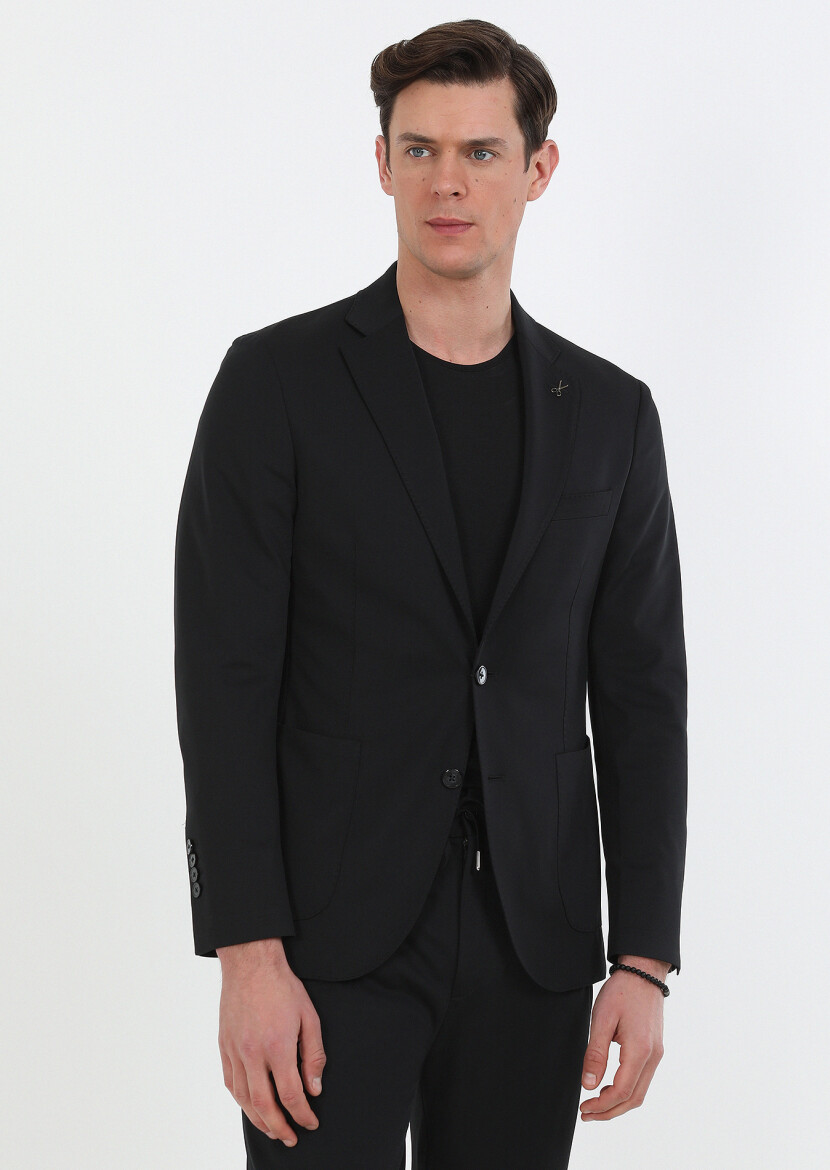 Siyah Düz Comfort Fit Örme Takım Elbise - 2