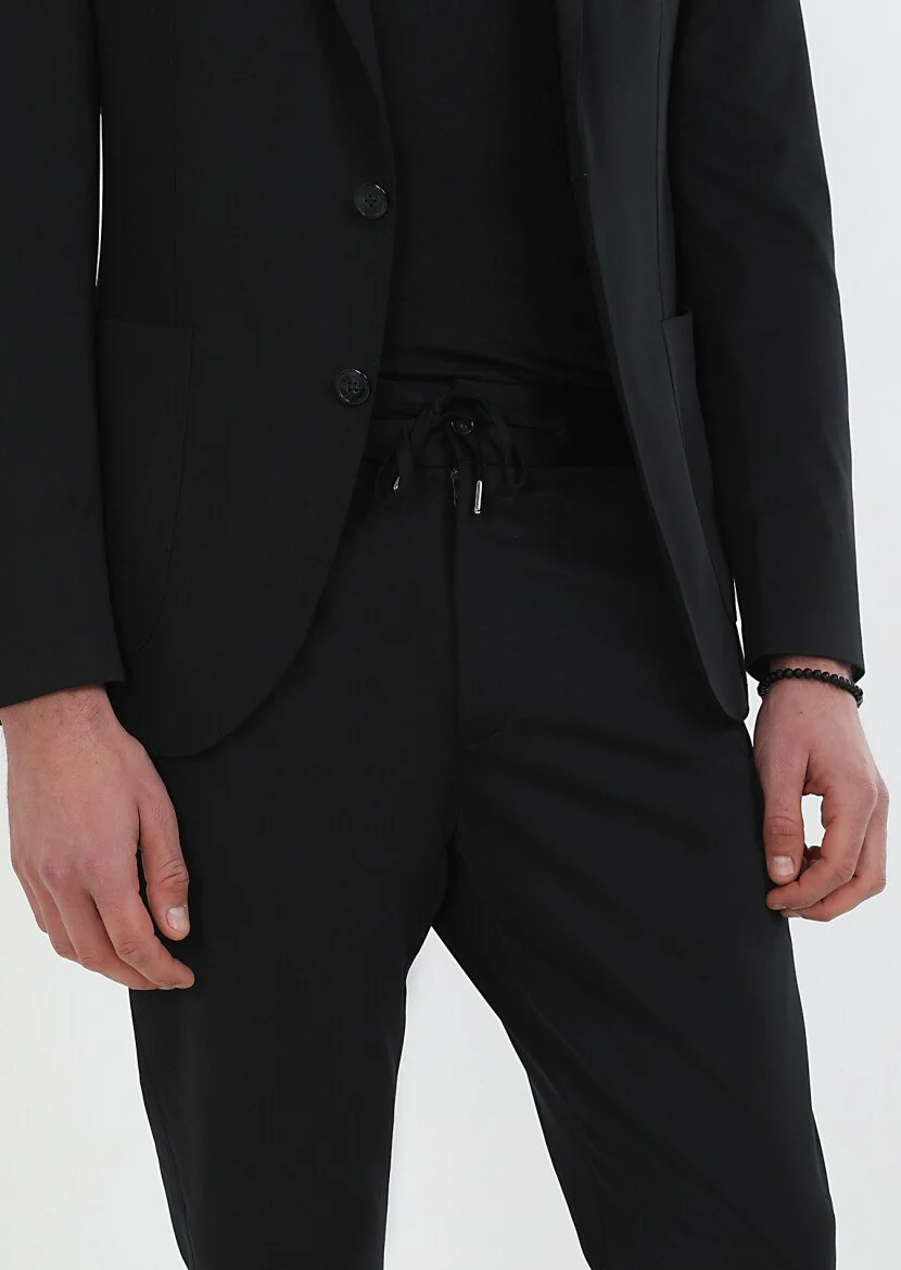 Siyah Düz Comfort Fit Örme Takım Elbise - 4