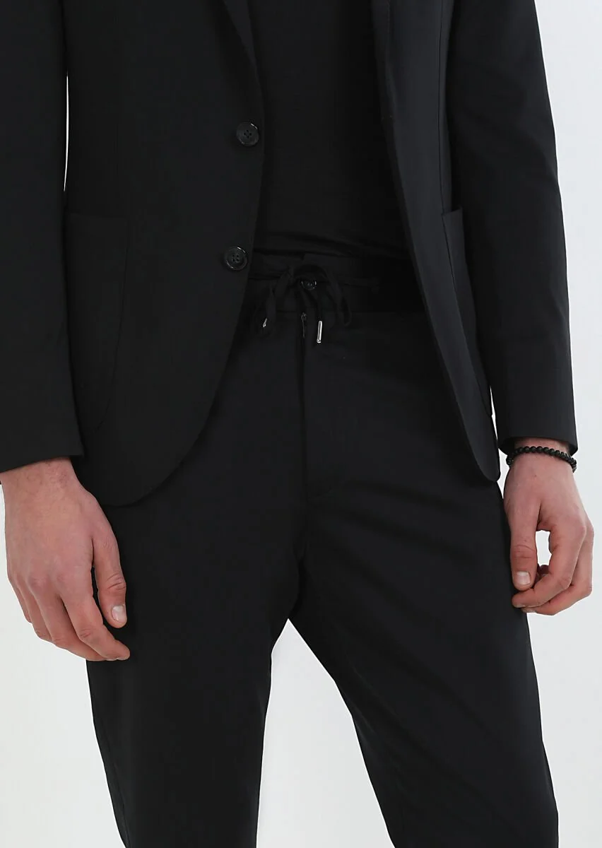 Siyah Düz Comfort Fit Örme Takım Elbise - 4