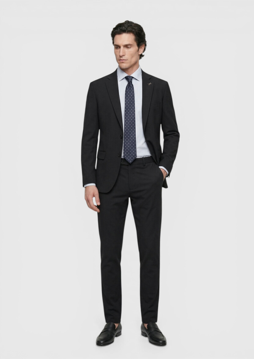 Siyah Düz Comfort Fit Örme Takım Elbise - 3