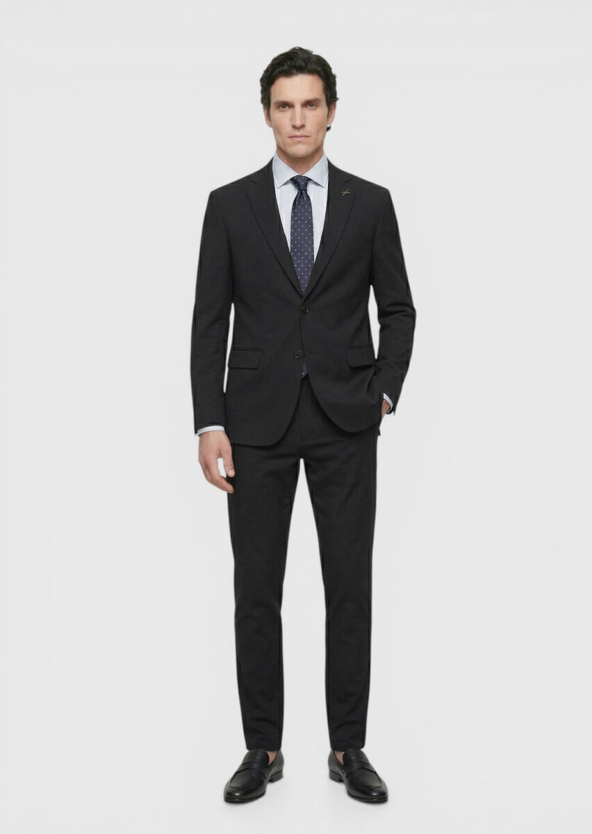 Siyah Düz Comfort Fit Örme Takım Elbise - 1
