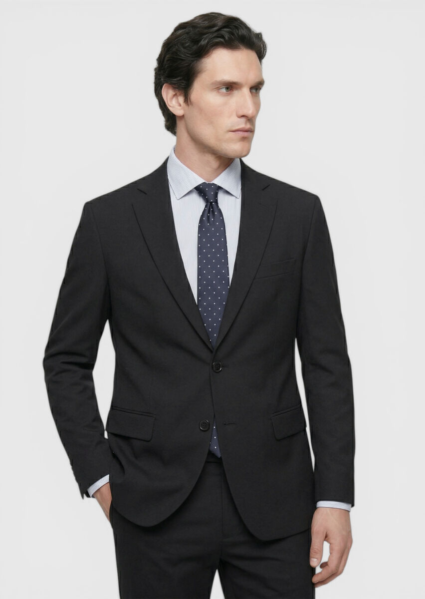 Siyah Düz Comfort Fit Örme Takım Elbise - 2