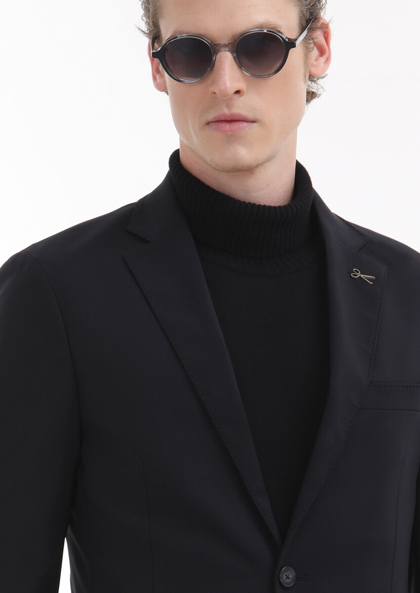 Siyah Düz Comfort Fit Örme Takım Elbise - 6