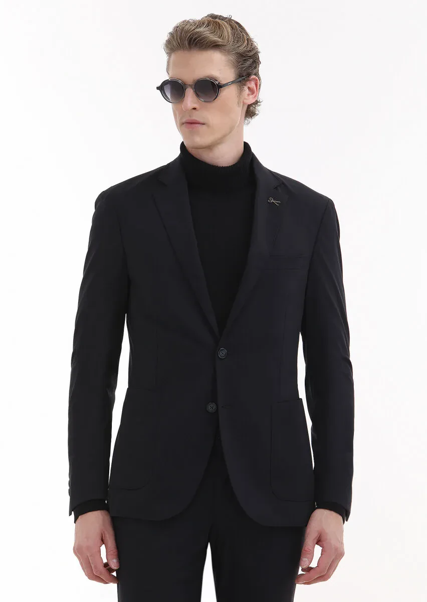 Siyah Düz Comfort Fit Örme Takım Elbise - 2