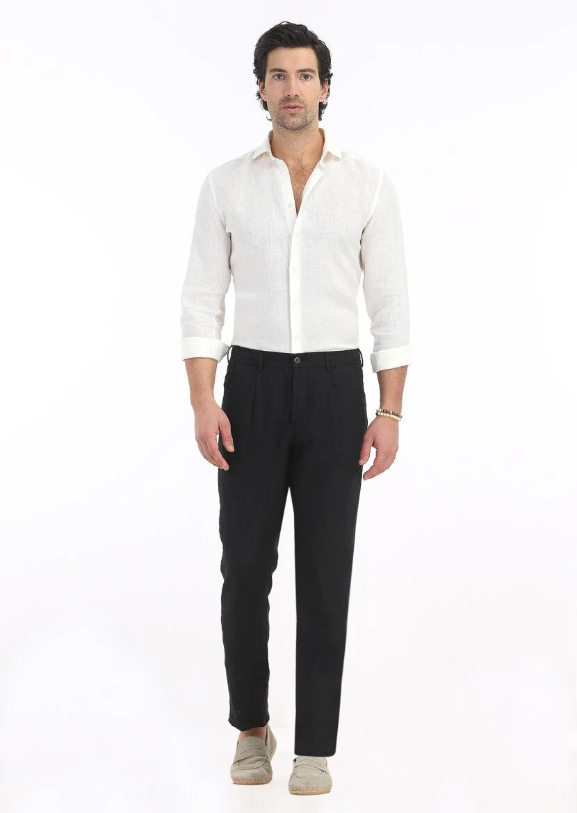 Siyah Düz Dokuma Jogging Fit Casual %100 Keten Pantolon - 1