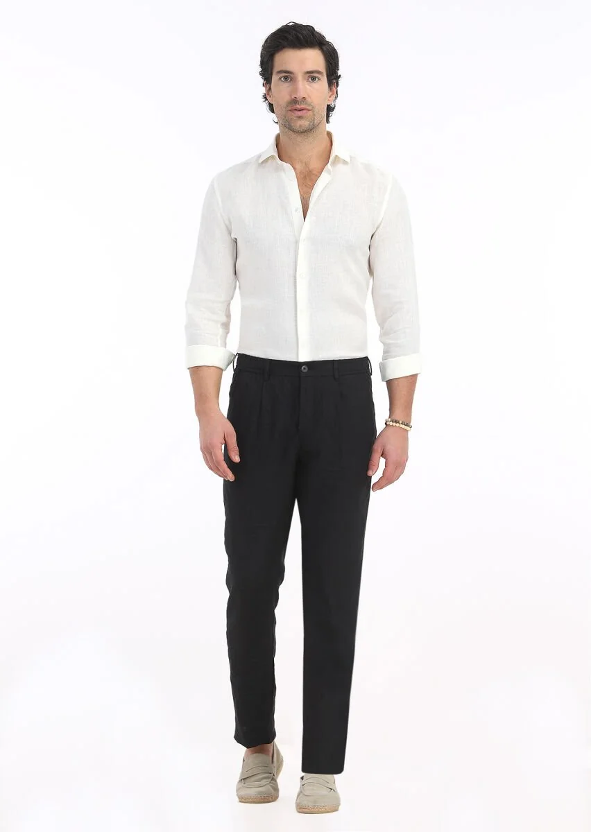 Siyah Düz Dokuma Jogging Fit Casual %100 Keten Pantolon - 1