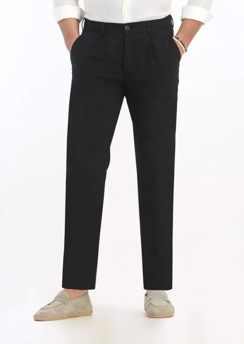 Siyah Düz Dokuma Jogging Fit Casual %100 Keten Pantolon 