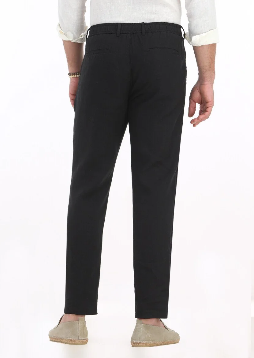 Siyah Düz Dokuma Jogging Fit Casual %100 Keten Pantolon - 4