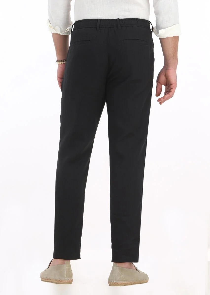 Siyah Düz Dokuma Jogging Fit Casual %100 Keten Pantolon - 4