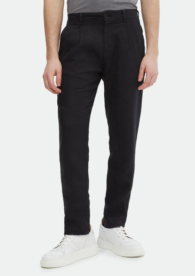 Siyah Düz Dokuma Jogging Fit Casual %100 Keten Pantolon 