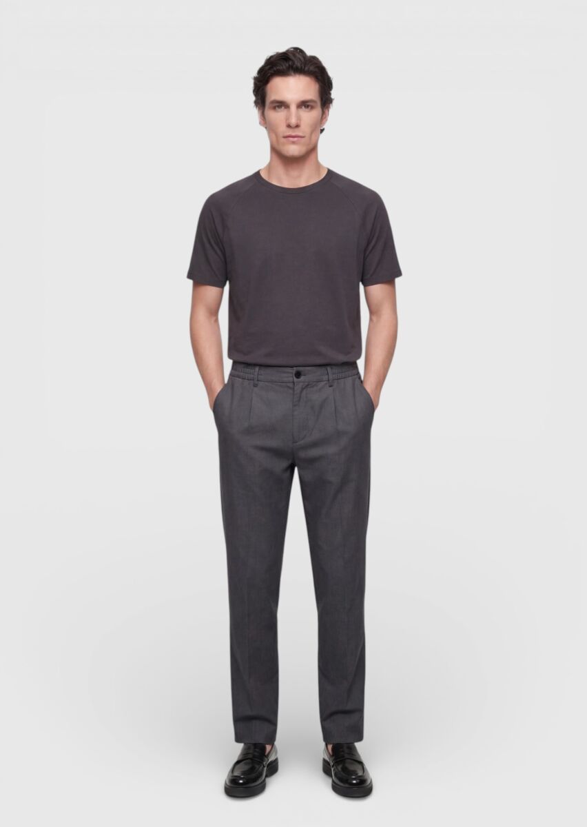 Siyah Düz Dokuma Jogging Fit Casual %100 Keten Pantolon - 1