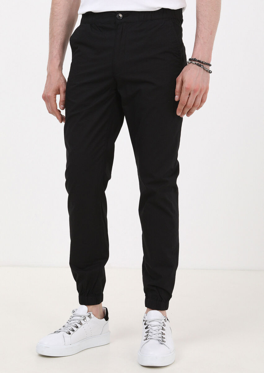 Siyah Düz Dokuma Jogging Fit Casual %100 Pamuk Pantolon - 1