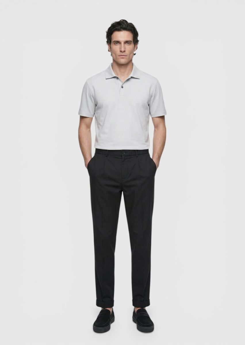 Siyah Düz Dokuma Jogging Fit Casual İpek Karışımlı Pantolon - 1