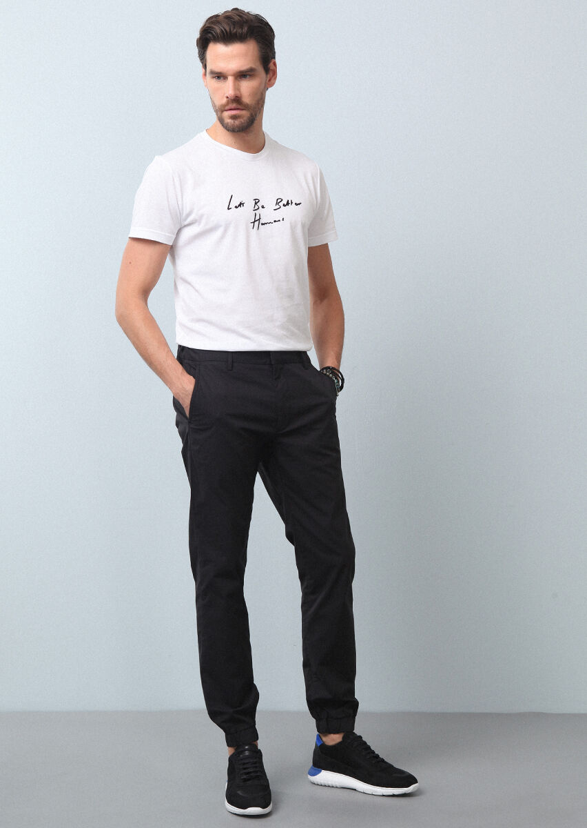 Siyah Düz Dokuma Jogging Fit Casual Pamuk Karışımlı Pantolon - 4