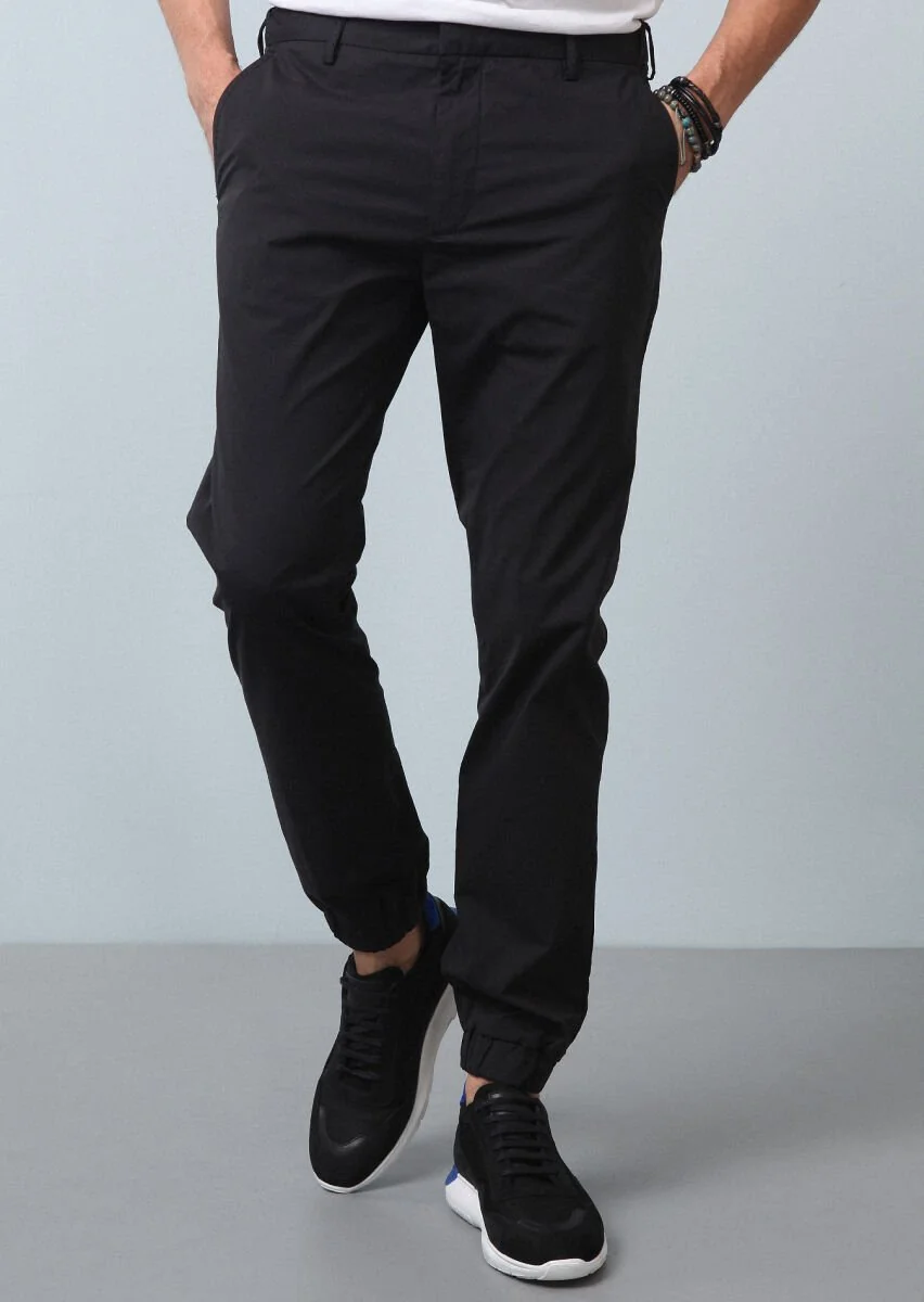 Siyah Düz Dokuma Jogging Fit Casual Pamuk Karışımlı Pantolon - 2