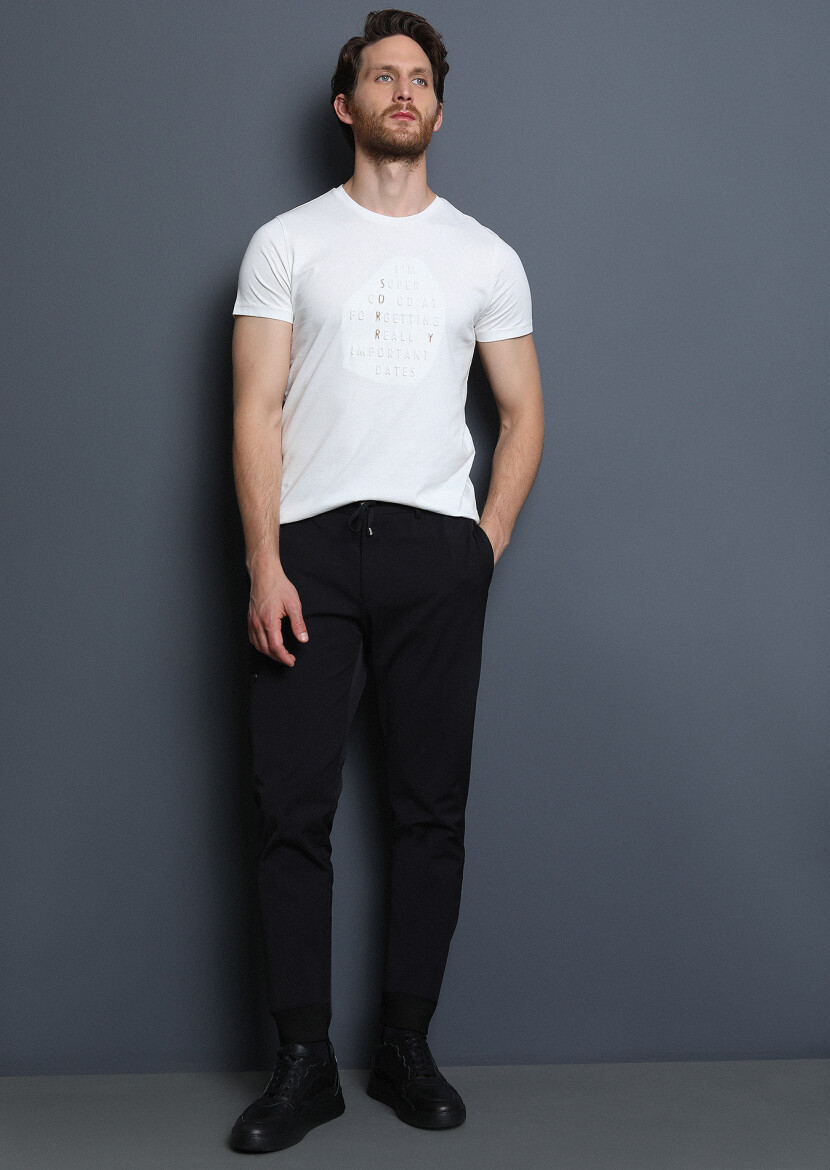 Siyah Düz Dokuma Jogging Fit Casual Pamuk Karışımlı Pantolon - 1