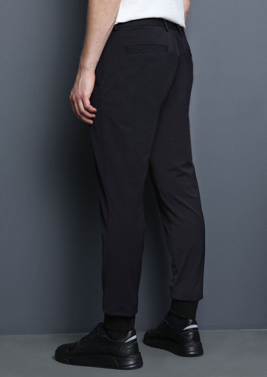 Siyah Düz Dokuma Jogging Fit Casual Pamuk Karışımlı Pantolon - 5